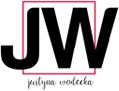 Czarny logotyp 'JW' w kwadracie na białym tle, z dopiskiem 'justyna wodecka' poniżej.