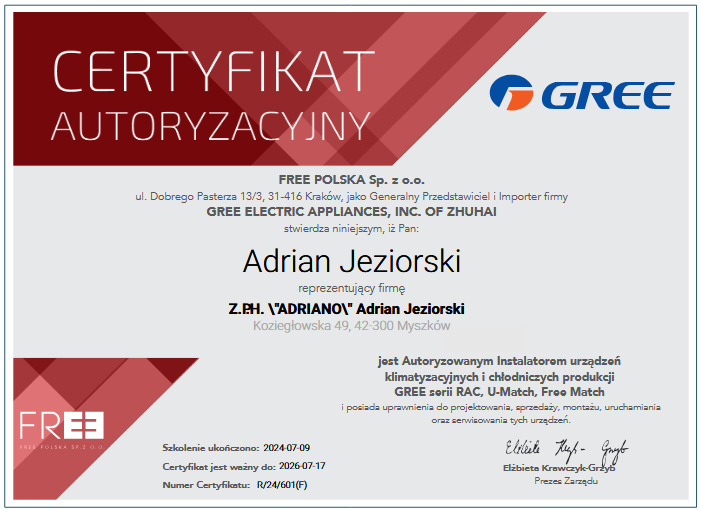 Certyfikat autoryzacyjny firmy Gree dla Adriana Jeziorskiego, uprawniający do instalacji, serwisu i projektowania urządzeń klimatyzacyjnych i chłodniczych Gree.