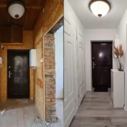 Korytarz przed i po remoncie: surowe ściany z płyty OSB i cegły zestawione z wykończonym wnętrzem z białymi ścianami, drewnopodobnymi panelami i nowoczesnym oświetleniem.