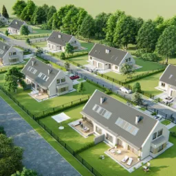 Wizualizacja osiedla domów jednorodzinnych z szarymi dachami i ogrodami, widok z lotu ptaka, z widocznymi samochodami i postaciami na tarasach.