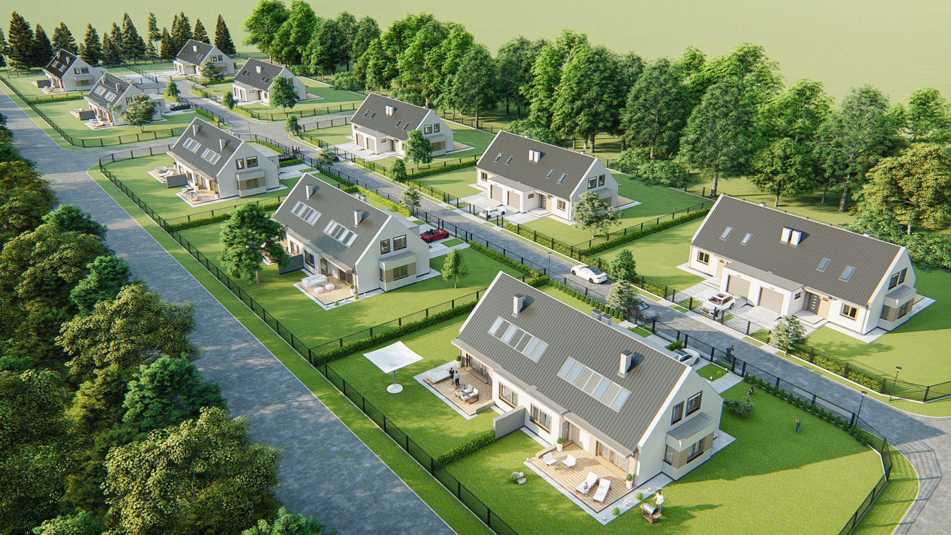 Wizualizacja osiedla domów jednorodzinnych z szarymi dachami i ogrodami, widok z lotu ptaka, z widocznymi samochodami i postaciami na tarasach.