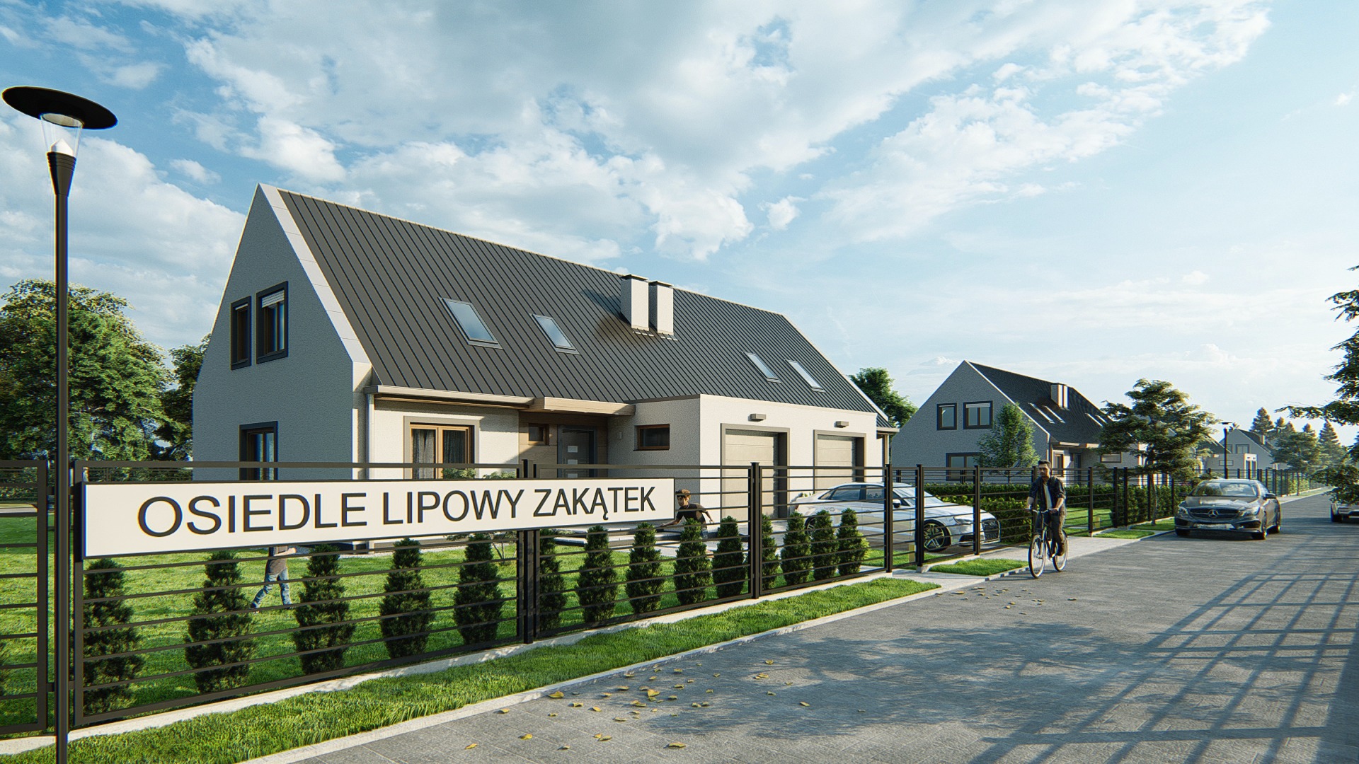 Wizualizacja osiedla domów jednorodzinnych z ciemnymi dachami, z tablicą informacyjną 'Osiedle Lipowy Zakątek', rowerzystą na ulicy i samochodami zaparkowanymi wzdłuż ogrodzeń.