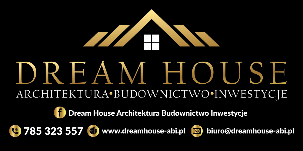 Złote logo firmy Dream House z ikoną domu, oferującej usługi architektoniczne, budowlane i inwestycyjne, z danymi kontaktowymi.
