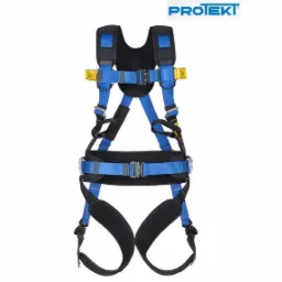 Nieużywane, niebiesko-czarne szelki bezpieczeństwa marki Protekt, zaprezentowane na białym tle. Sprzęt z Dąbrowy Górniczej przeznaczony do prac na wysokościach.