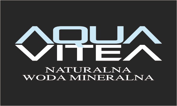Grafika logo Aqua VITEA z napisem 'Naturalna Woda Mineralna' na czarnym tle.