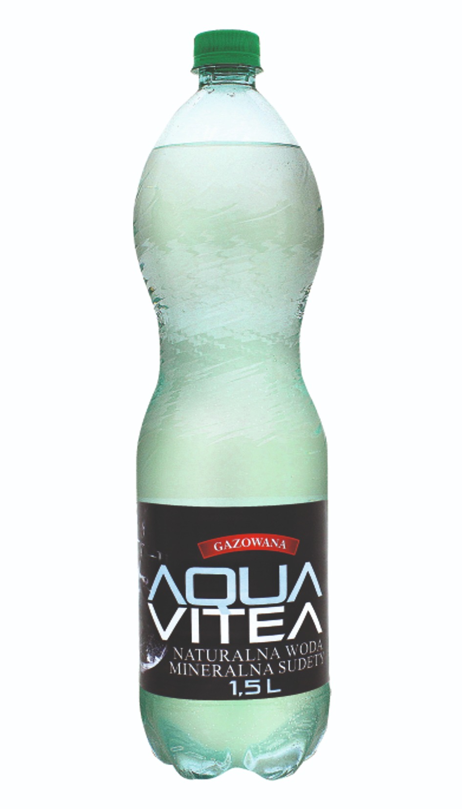 Butelka wody mineralnej gazowanej Aqua VITEA 1.5L z zieloną zakrętką, na białym tle.