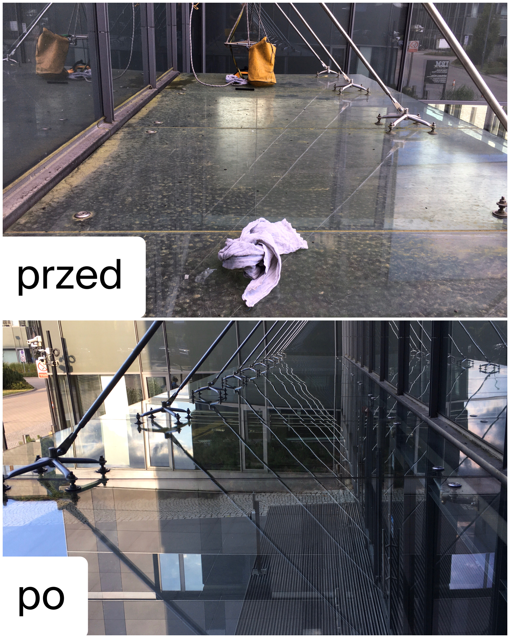 Porównanie stanu szklanej elewacji przed i po czyszczeniu: widoczne zabrudzenia na górnym zdjęciu i lśniąca powierzchnia na dolnym zdjęciu.