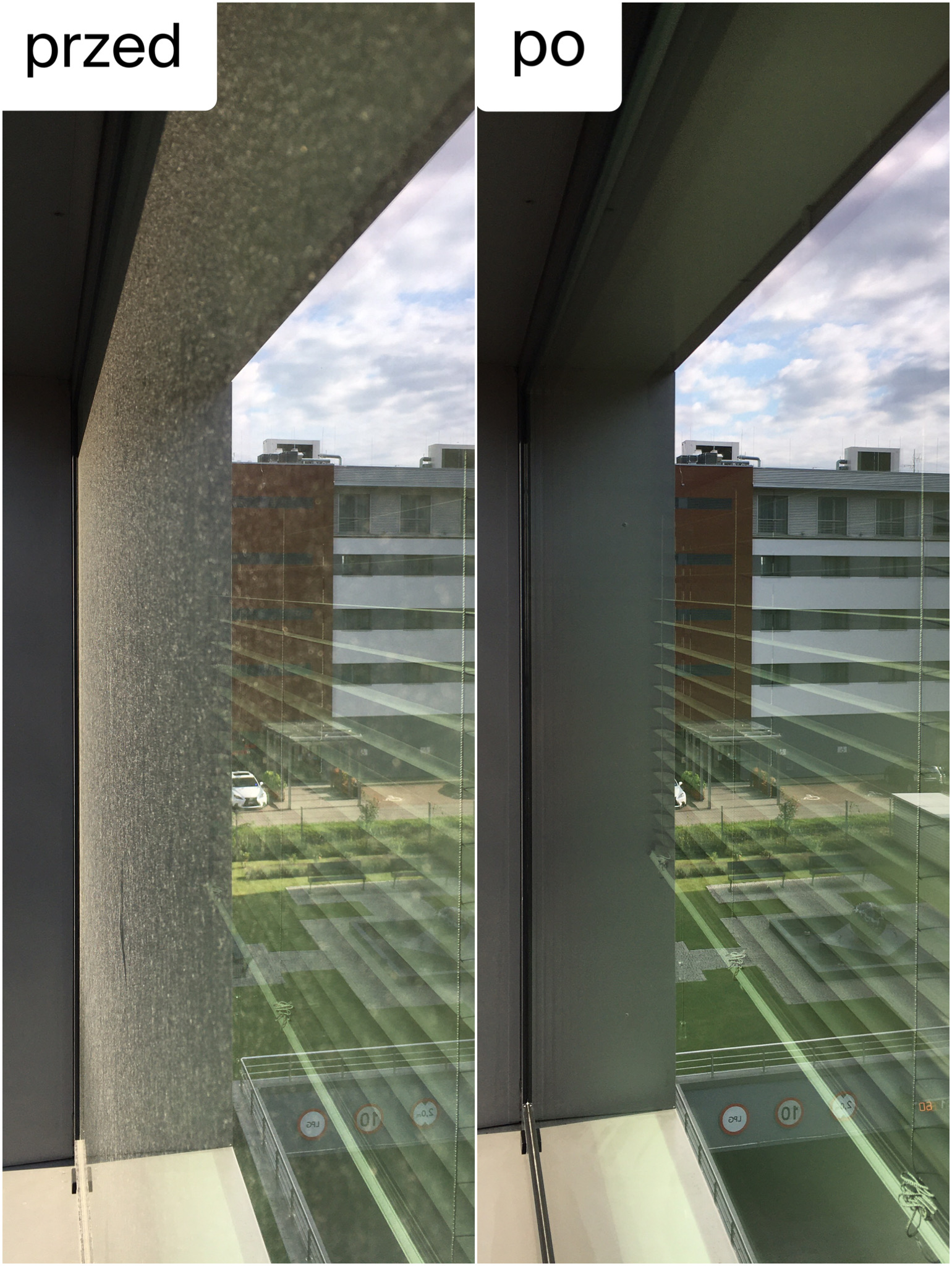 Porównanie okna przed i po czyszczeniu, widoczne różnice w przejrzystości szyby i czystości ramy okiennej, z widokiem na budynek biurowy i parking.