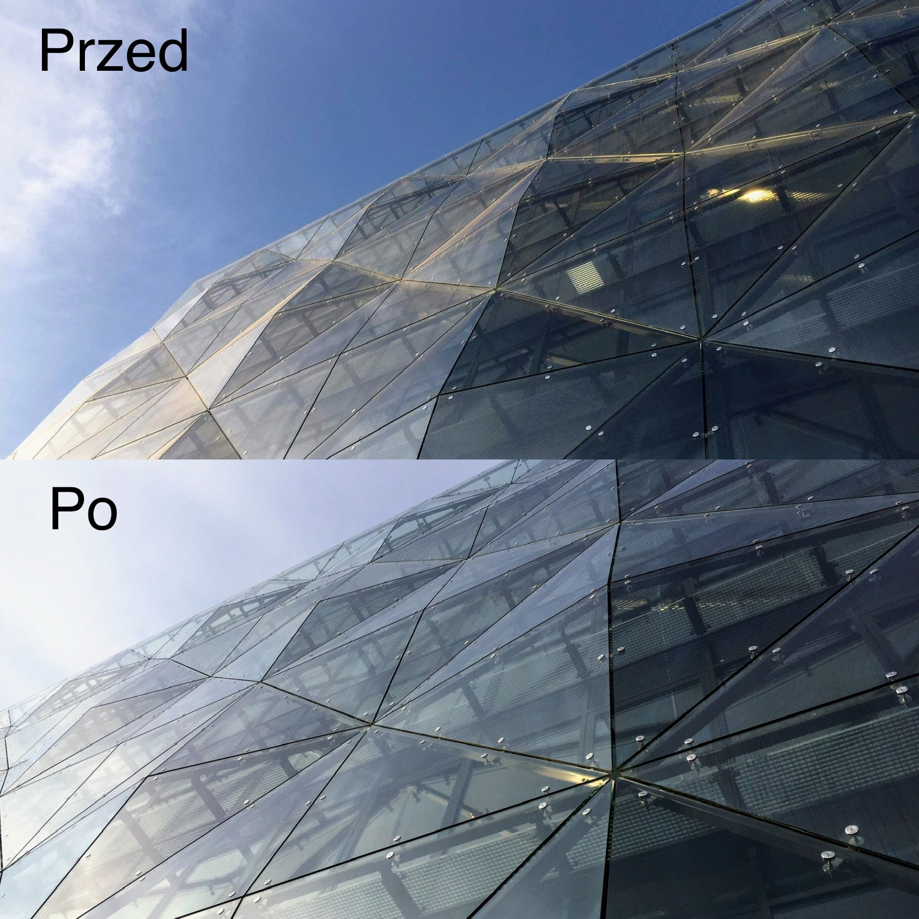 Szklana fasada budynku w ujęciu ukośnym, podzielona na dwie części: górna pokazuje stan przed czyszczeniem, dolna po czyszczeniu, widoczne różnice w przezroczystości szkła.