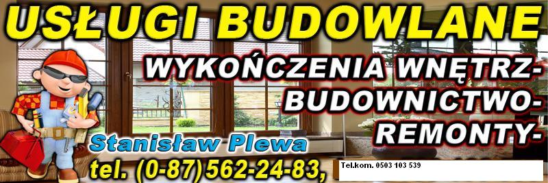 Grafika reklamowa firmy budowlanej Stanisław Plewa z kreskówkową postacią budowlańca na tle okna, z ofertą usług budowlanych, wykończenia wnętrz i remontów.