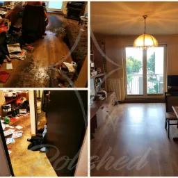 Kolaż przedstawia pomieszczenia biurowe przed i po sprzątaniu: bałagan na podłodze i biurku kontra czysty, uporządkowany pokój z drewnianą podłogą i klasycznym wystrojem.