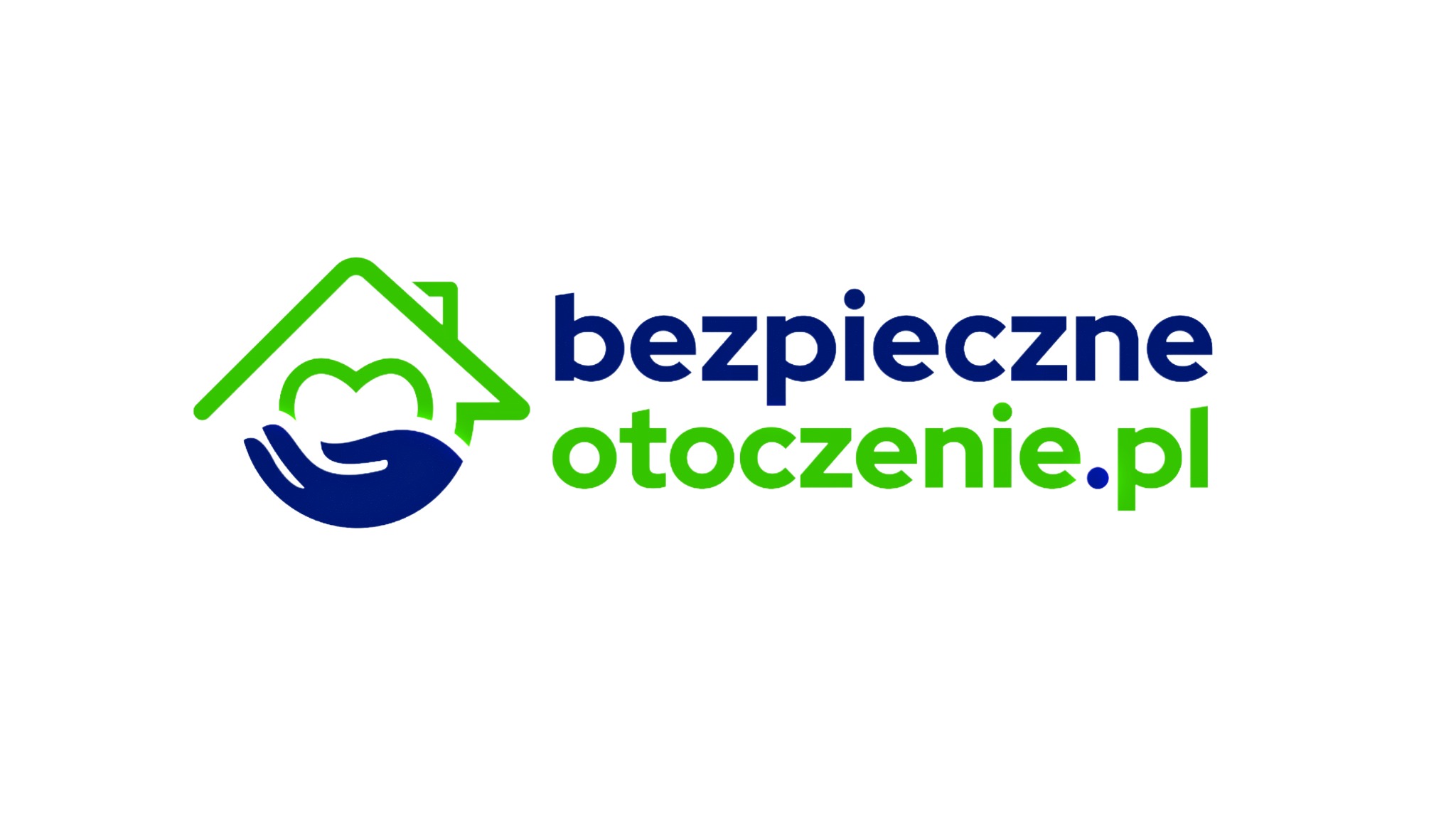 Logo firmy Bezpieczne Otoczenie.pl: zielony zarys domu, wewnątrz dłonie w kolorze niebieskim trzymające zielone serce, obok granatowy napis 'bezpieczne' nad zielonym napisem 'otoczenie.pl'.