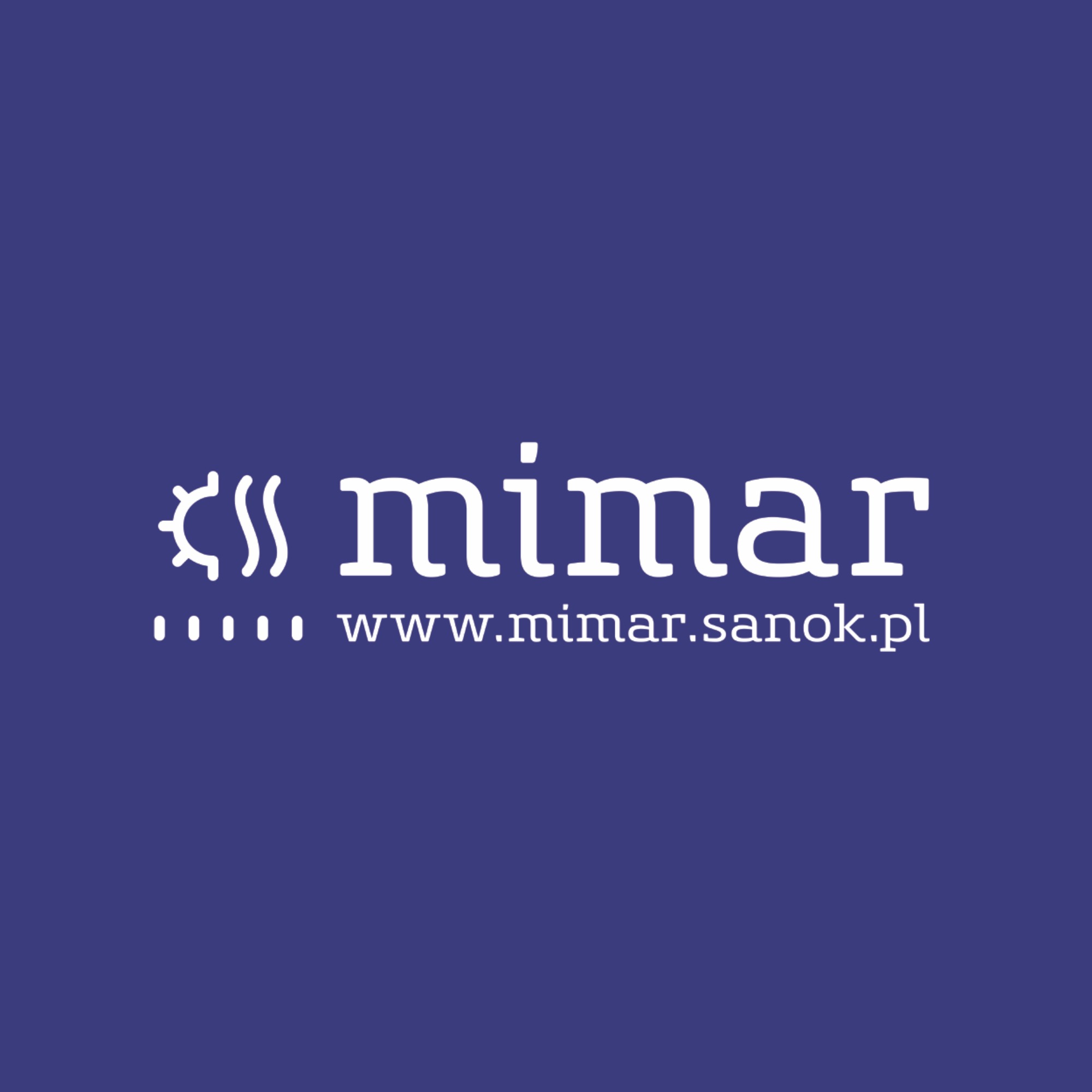 Logo firmy Mimar z Sanoka na fioletowym tle, oferującej usługi montażu i serwisu klimatyzacji oraz naprawy AGD, z adresem strony internetowej www.mimar.sanok.pl.