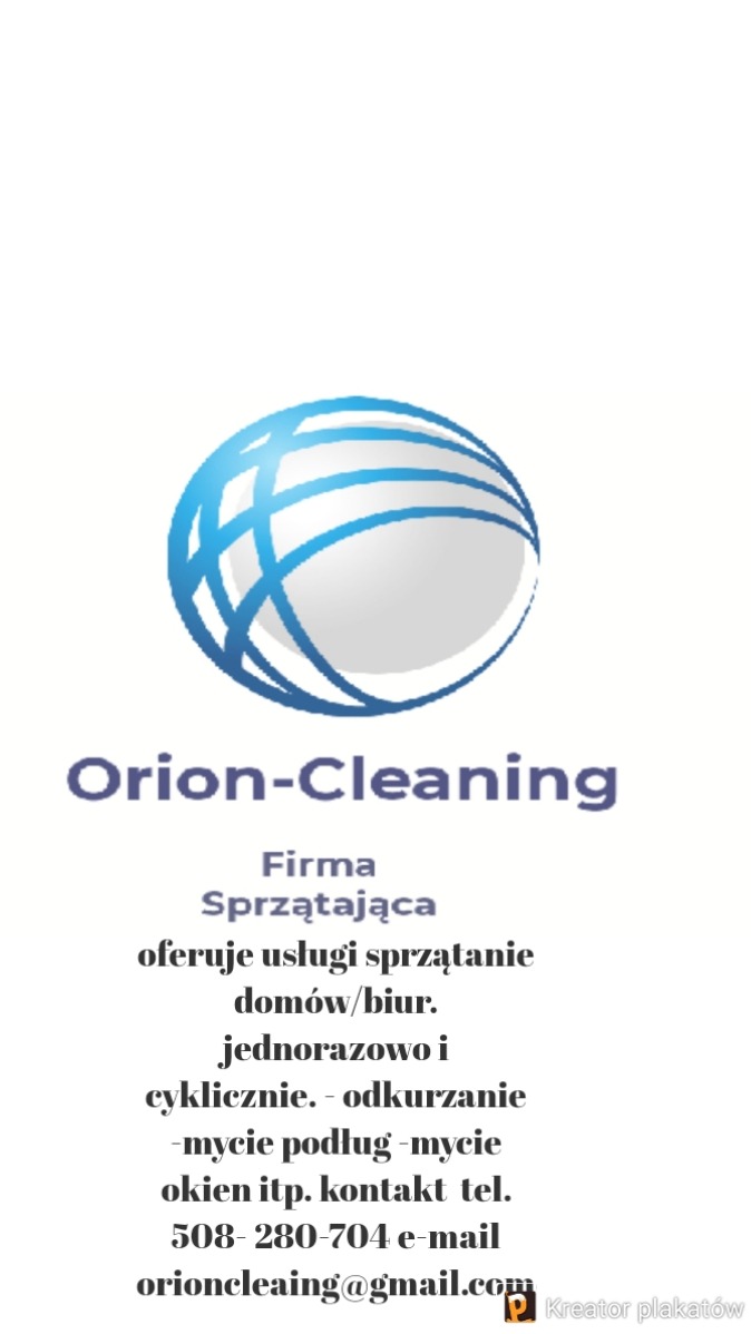 Logo firmy sprzątającej Orion-Cleaning z niebiesko-szarym symbolem kuli ziemskiej, oferującej usługi sprzątania domów i biur, kontakt telefoniczny i e-mail.