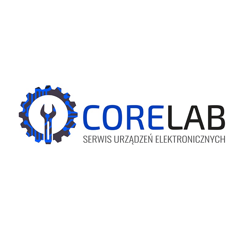 Logo firmy Corelab, serwis urządzeń elektronicznych, z symbolem klucza wewnątrz koła zębatego z elementami elektronicznymi.