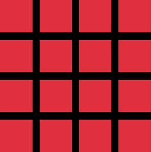 Czerwone kwadratowe naklejki ułożone w regularną siatkę z czarnymi liniami podziału, tworzące powtarzalny wzór.