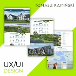 Prezentacja projektu strony internetowej dla apartamentów Yacht na Mazurach, z widokiem na budynki, jezioro i mapę lokalizacji.