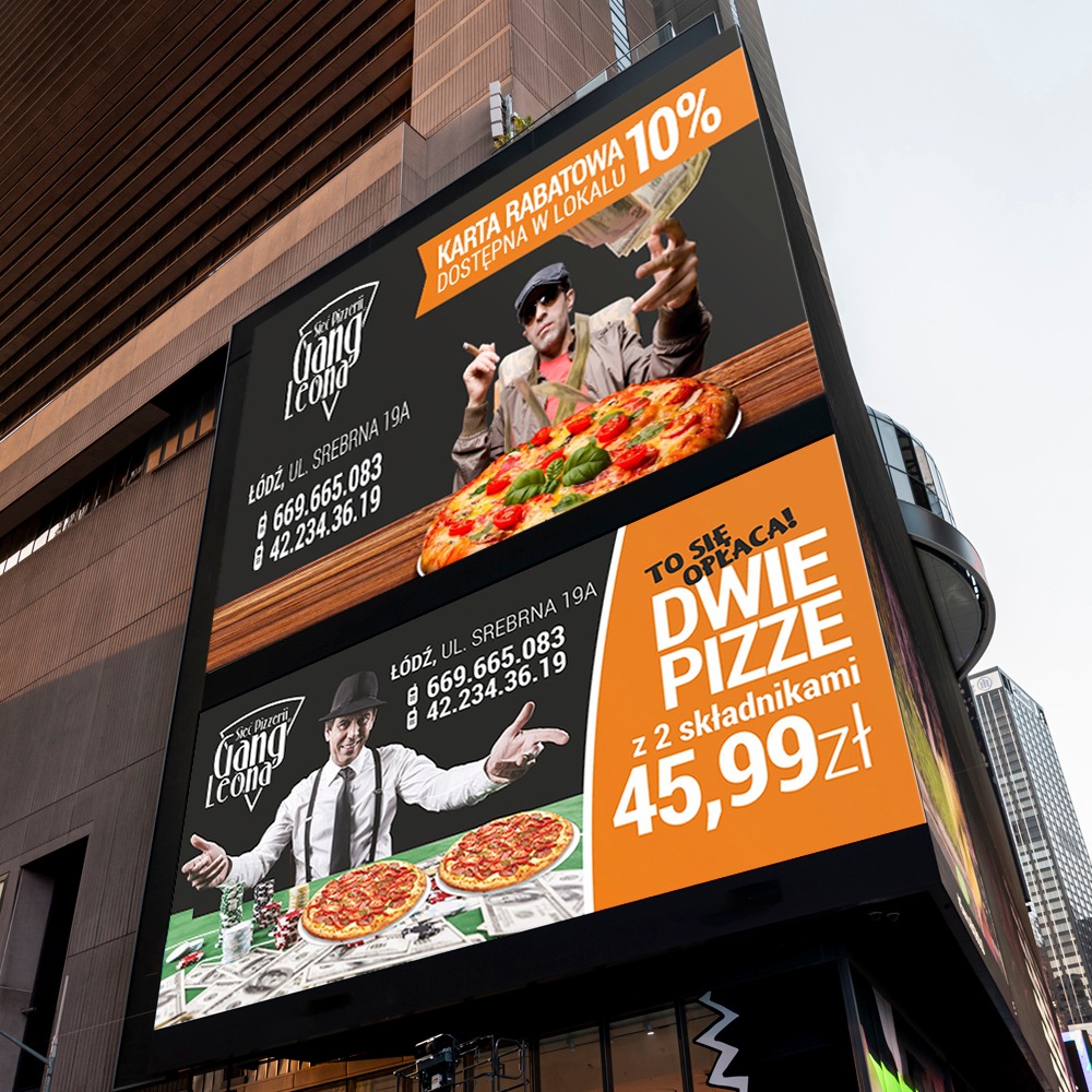 Billboard reklamowy pizzerii Gang Leona na budynku w mieście, prezentujący ofertę dwóch pizz w cenie promocyjnej oraz kartę rabatową.