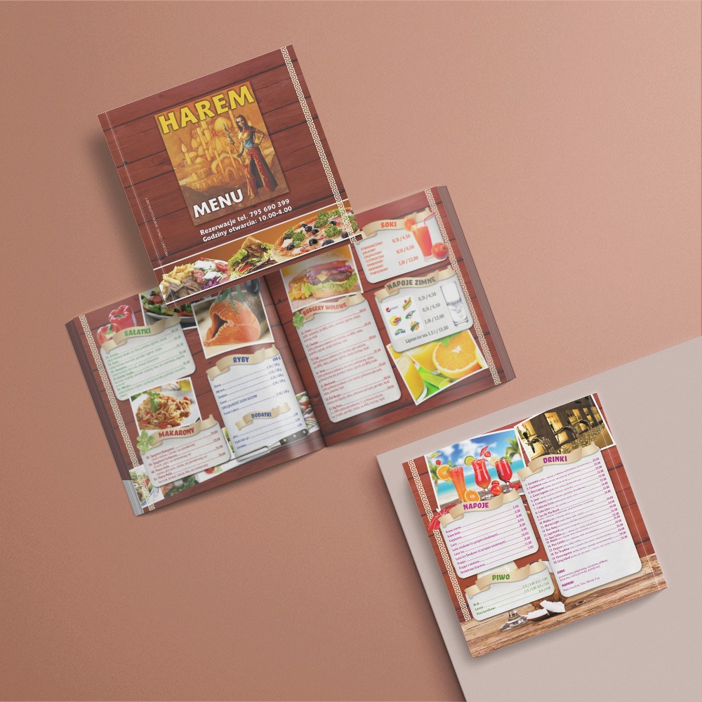Rozłożone menu restauracji Harem prezentujące dania, napoje i ceny, z okładką w stylu drewnianym i motywami orientalnymi