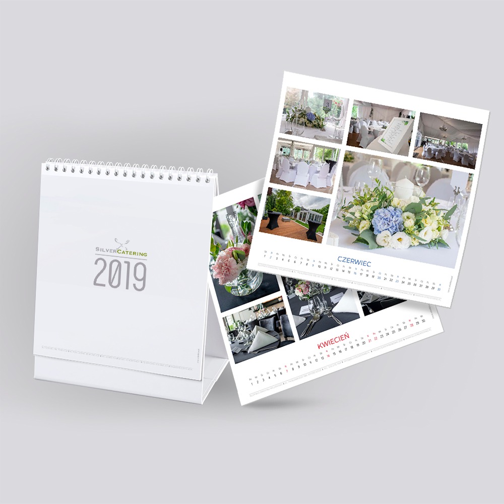 Kalendarz biurkowy Silvercatering 2019 prezentujący zdjęcia aranżacji stołów i dekoracji sal weselnych z miesiącami kwiecień i czerwiec.