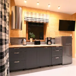 Kuchnia w stylu skandynawskim z drewnianymi ścianami, szarymi szafkami, stalowym okapem i sprzętami AGD, widok zza zasłony w kratę.