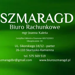 Logo biura rachunkowego Szmaragd na zielonym tle, z adresem, telefonem, adresem e-mail i stroną internetową.