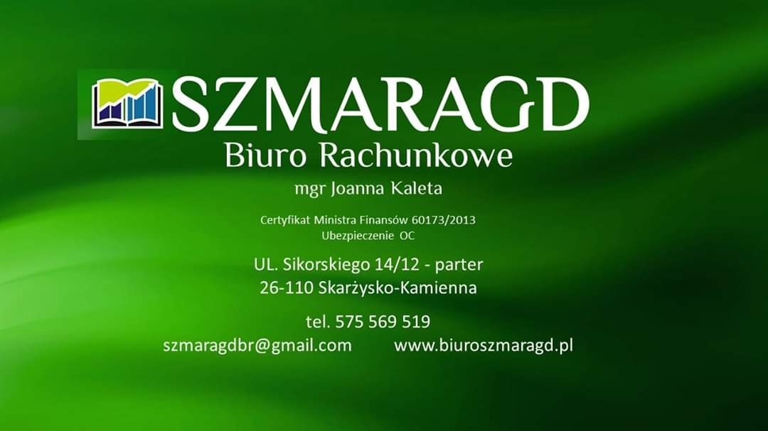 Logo biura rachunkowego Szmaragd na zielonym tle, z adresem, telefonem, adresem e-mail i stroną internetową.