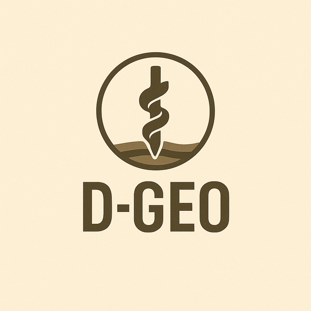 Logo firmy D-GEO z symbolem wiertła w okręgu, nawiązujące do badań geologicznych gruntu. Kolorystyka stonowana, beżowo-brązowa.