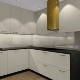 Nowoczesna kuchnia w Lublińcu z beżowymi szafkami, czarnym blatem i złotymi akcentami, w tym okrągły okap. Widoczny fragment salonu z drewnianą ścianą.