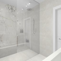 IMPRESA INTERIOR Andrzej Jerominek - Wizualizacja nowoczesnej łazienki z kabiną prysznicową typu walk-in, wykończoną płytami imitującymi marmur, z minimalistyczną armaturą i oświetleniem punktowym.