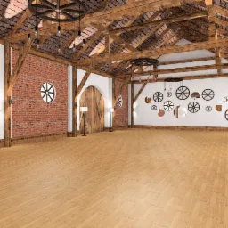 Przestronne wnętrze w stylu rustykalnym z drewnianą podłogą, ceglanymi ścianami, drewnianymi belkami stropowymi i dekoracjami ściennymi w kształcie kół wozu.