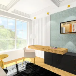 Wizualizacja jasnego pokoju do pracy z biurkiem z drewnianym blatem, czarnymi szafkami, półką na książki i telewizorem na tle ściany w geometryczne wzory.