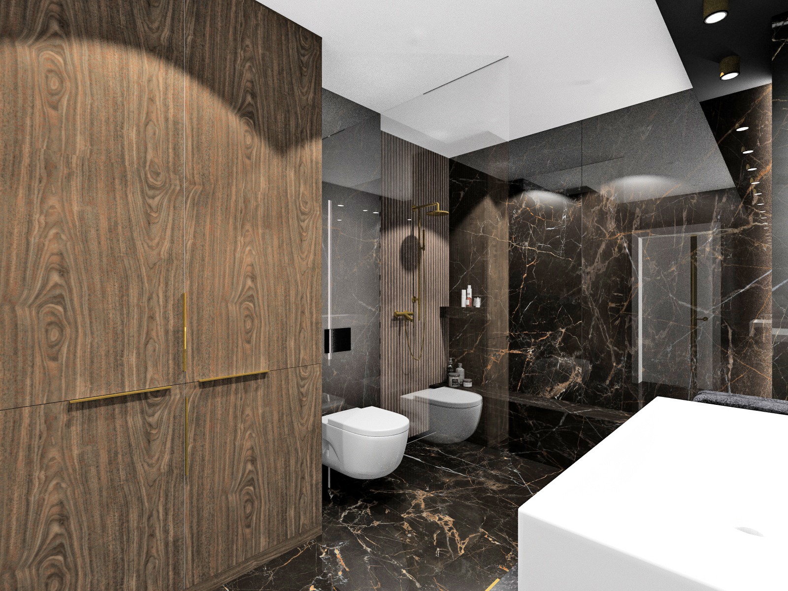 Wizualizacja łazienki z drewnianą szafką, marmurowymi płytkami na podłodze i ścianach, złotą armaturą i podwieszanymi toaletami.