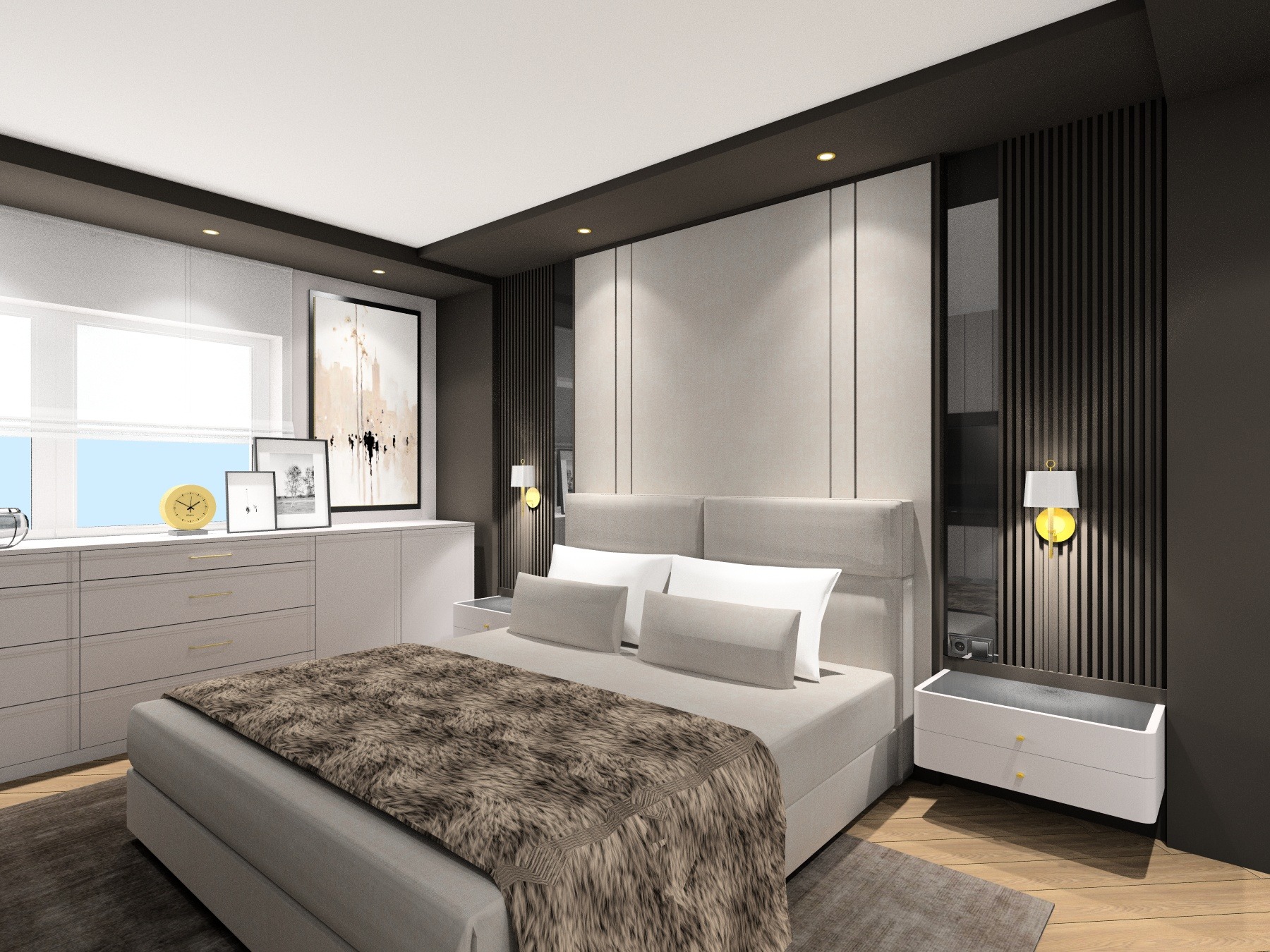 Nowoczesna sypialnia w odcieniach szarości z futrzanym pledem na łóżku, minimalistyczną komodą i dekoracyjnymi lampami ściennymi.