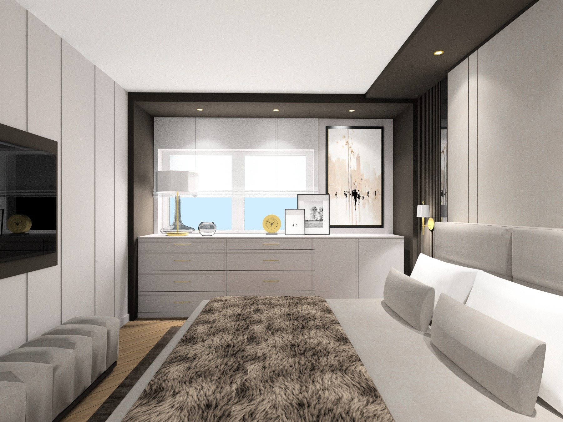Nowoczesna sypialnia z szarą komodą pod oknem, dekoracjami, abstrakcyjnym obrazem i łóżkiem z futrzanym pledem.