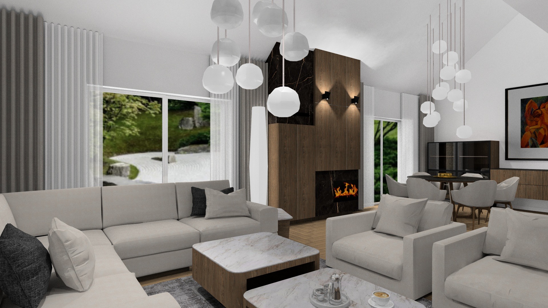 Wizualizacja salonu z kominkiem obudowanym drewnem i marmurem, widok na japoński ogród przez okno, nowoczesne lampy wiszące i jasna kolorystyka mebli.
