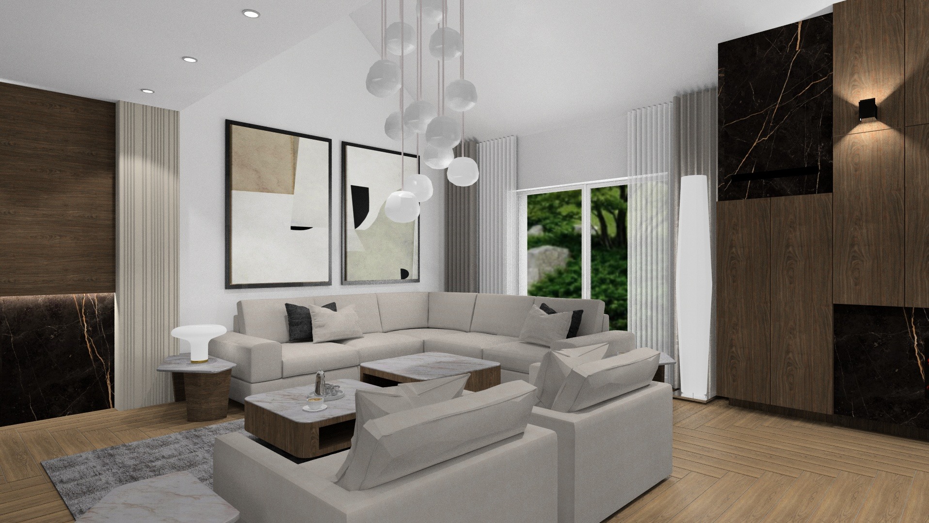 Wizualizacja przestronnego salonu z narożną sofą w odcieniach beżu, marmurowymi stolikami kawowymi, abstrakcyjnymi obrazami w czarnych ramach i nowoczesną lampą wiszącą z mlecznych kul. Widoczne...