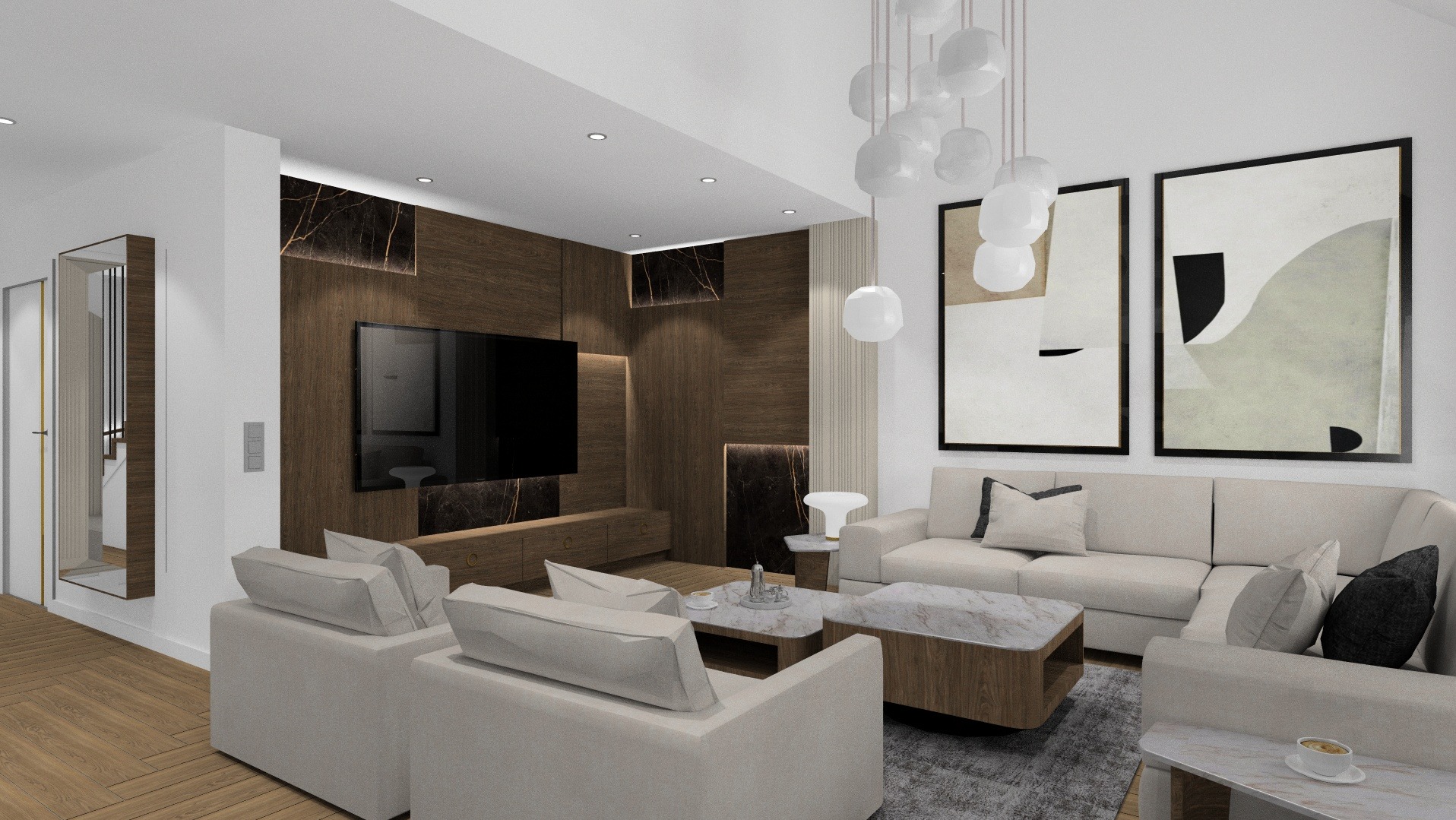 Wizualizacja salonu z drewnianą ścianą TV, marmurowymi akcentami i beżowymi meblami. Dwa abstrakcyjne obrazy wiszą nad sofą, a designerska lampa sufitowa dodaje nowoczesności.