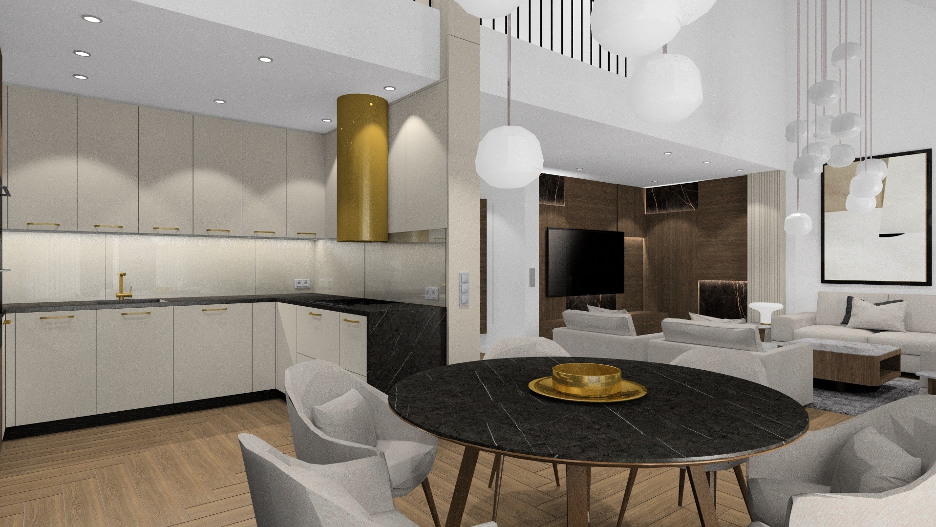 Wizualizacja nowoczesnego wnętrza: kuchnia z beżowymi szafkami i złotym okapem, czarny blat, okrągły stół z marmurowym wzorem i złotą paterą, salon w tle z drewnianymi panelami i białymi sofami...