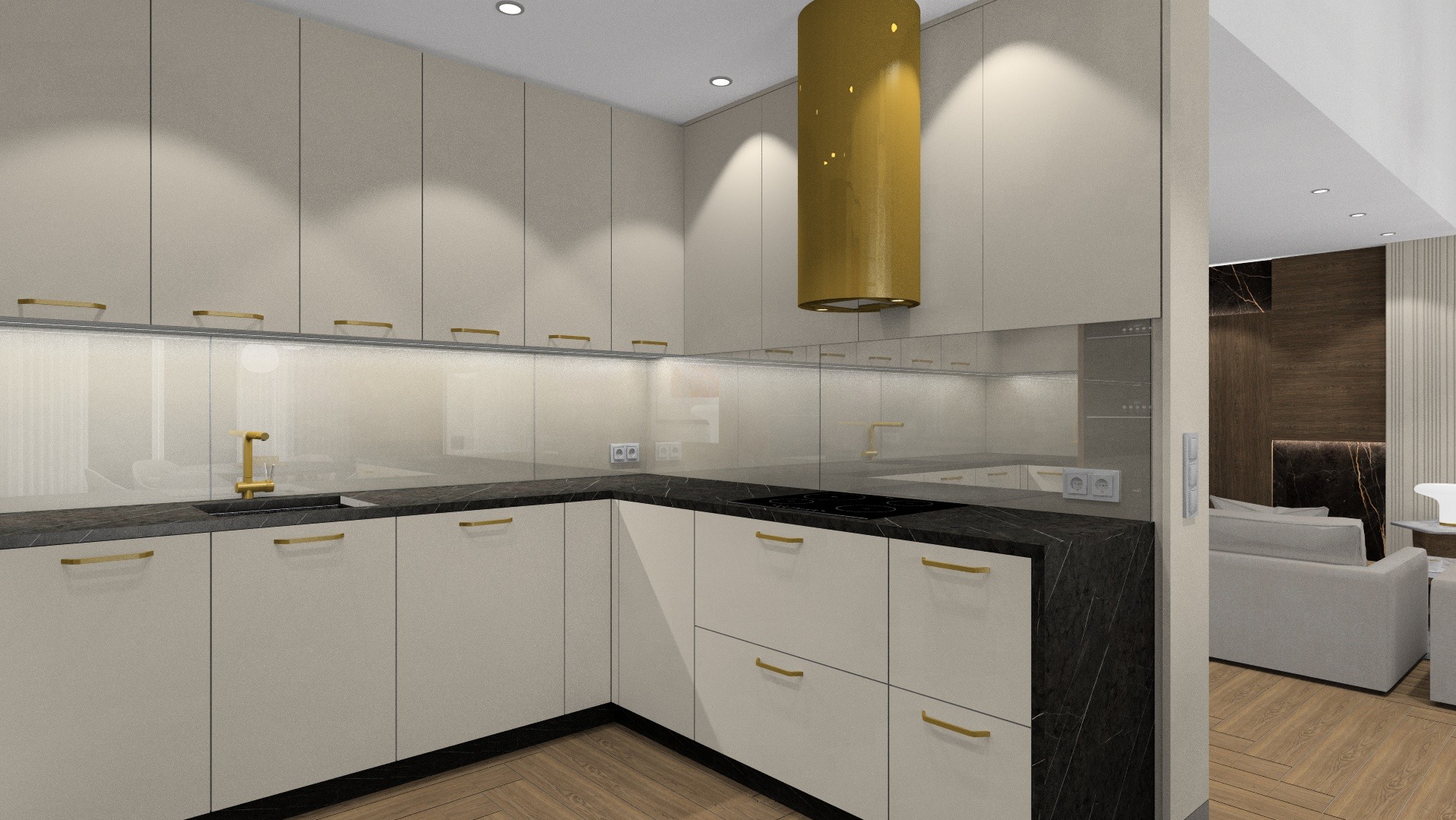 Nowoczesna kuchnia w Lublińcu z beżowymi szafkami, czarnym blatem i złotymi akcentami, w tym okrągły okap. Widoczny fragment salonu z drewnianą ścianą.