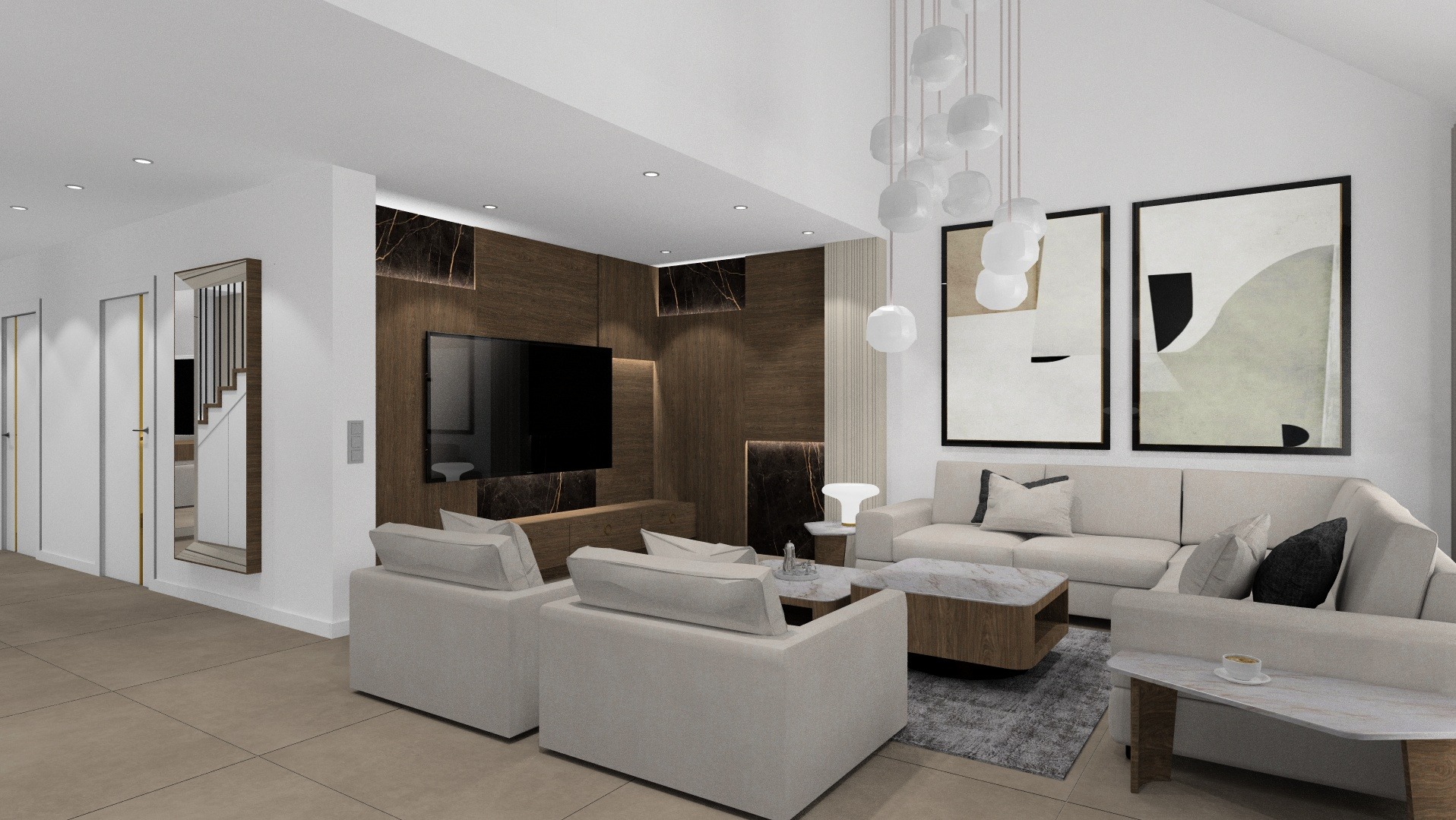 Wizualizacja salonu z drewnianą ścianą telewizyjną z elementami marmuru, białymi meblami wypoczynkowymi, abstrakcyjnymi obrazami i designerską lampą wiszącą.