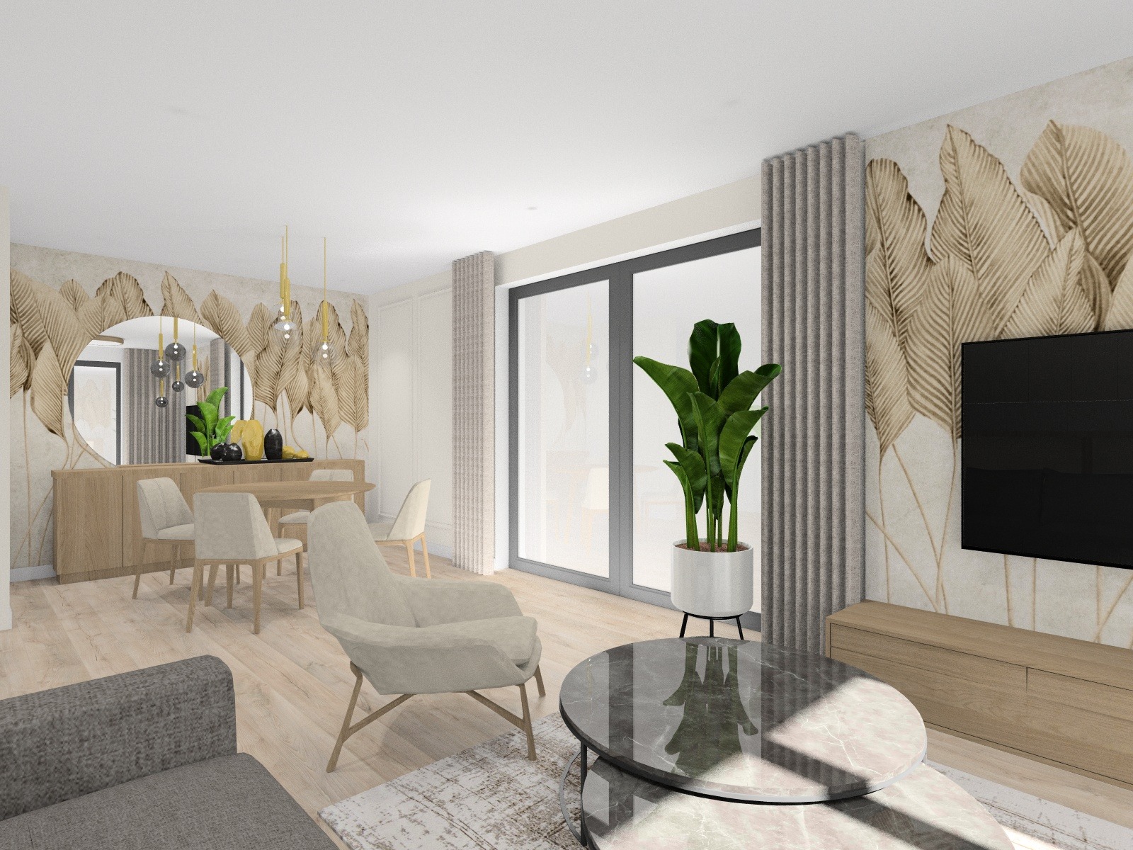 Wizualizacja salonu z jadalnią w odcieniach beżu i szarości, z tapetą w liście, okrągłym lustrem nad komodą i marmurowym stolikiem kawowym.