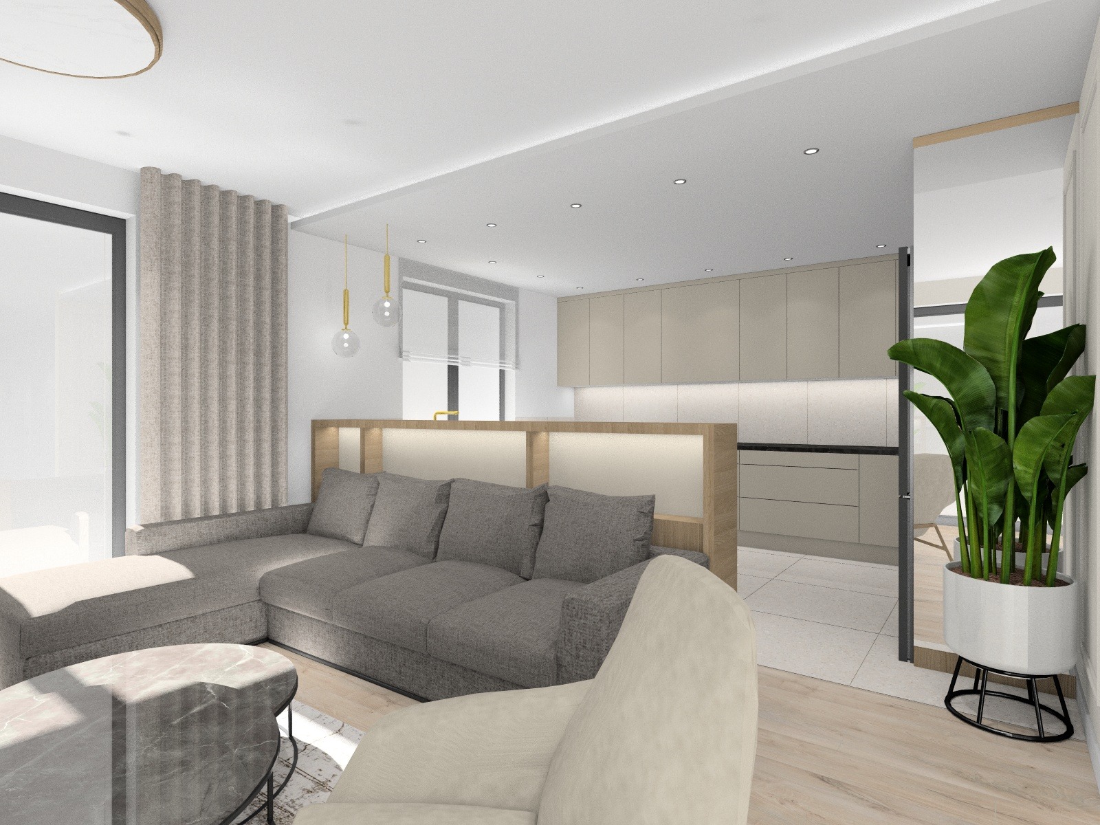 Wizualizacja nowoczesnego salonu z aneksem kuchennym, szara narożna sofa, marmurowy stolik kawowy, beżowa kuchnia z oświetleniem LED, roślina doniczkowa w białej osłonce.