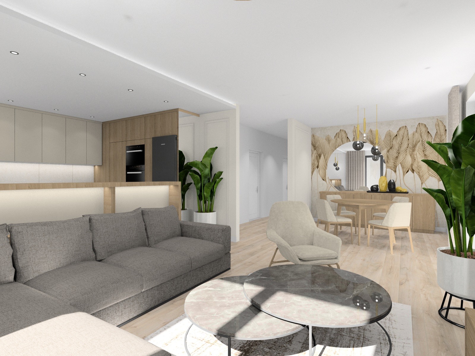 Wizualizacja przestronnego salonu z szarą sofą, marmurkowymi stolikami kawowymi i otwartą kuchnią w neutralnych barwach. Jadalnia z okrągłym stołem i tapetą z motywem liści w tle.