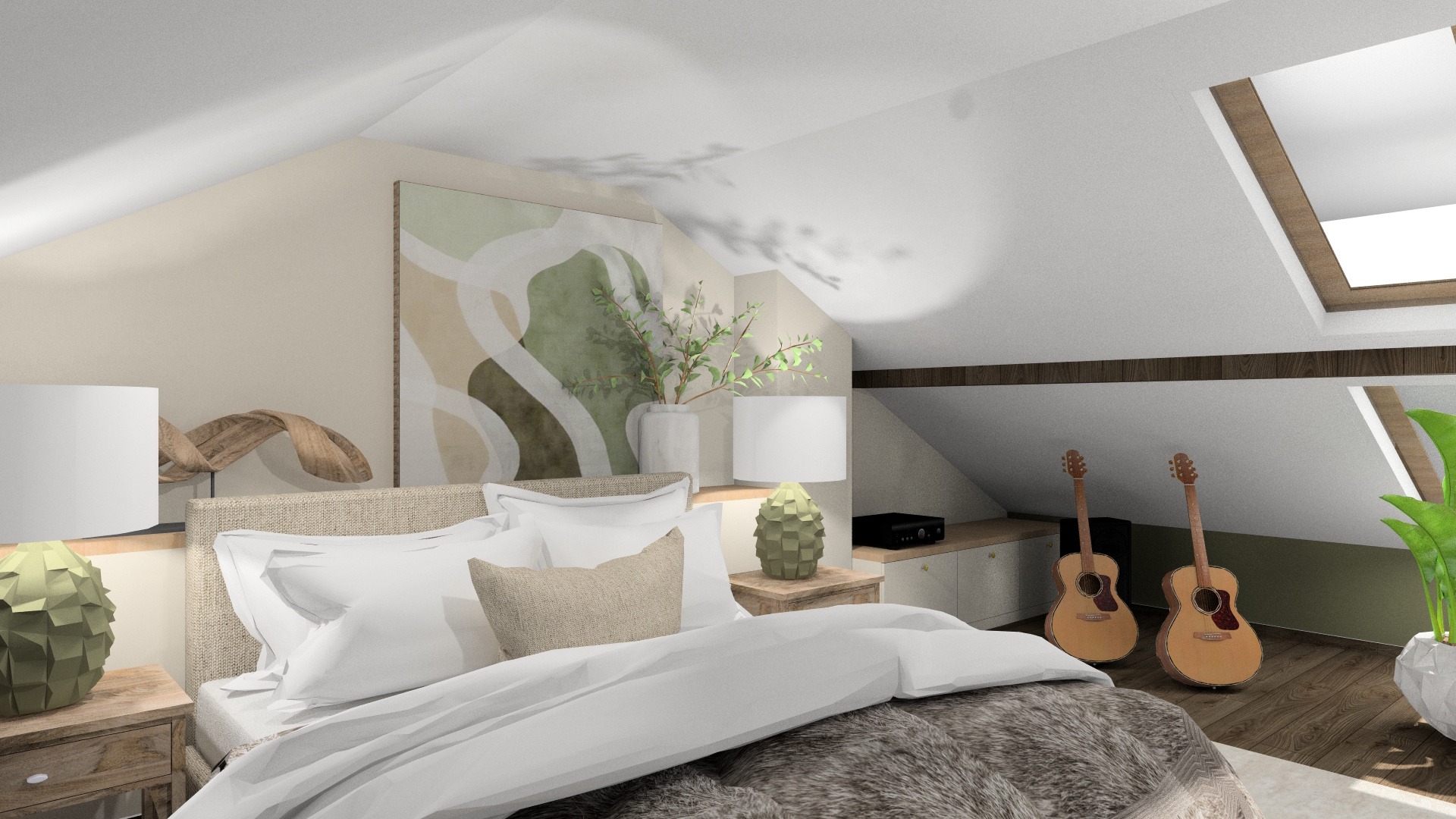 Jasna sypialnia na poddaszu z łóżkiem, lampkami nocnymi, obrazem abstrakcyjnym, dwiema gitarami akustycznymi i rośliną doniczkową przy oknie dachowym.