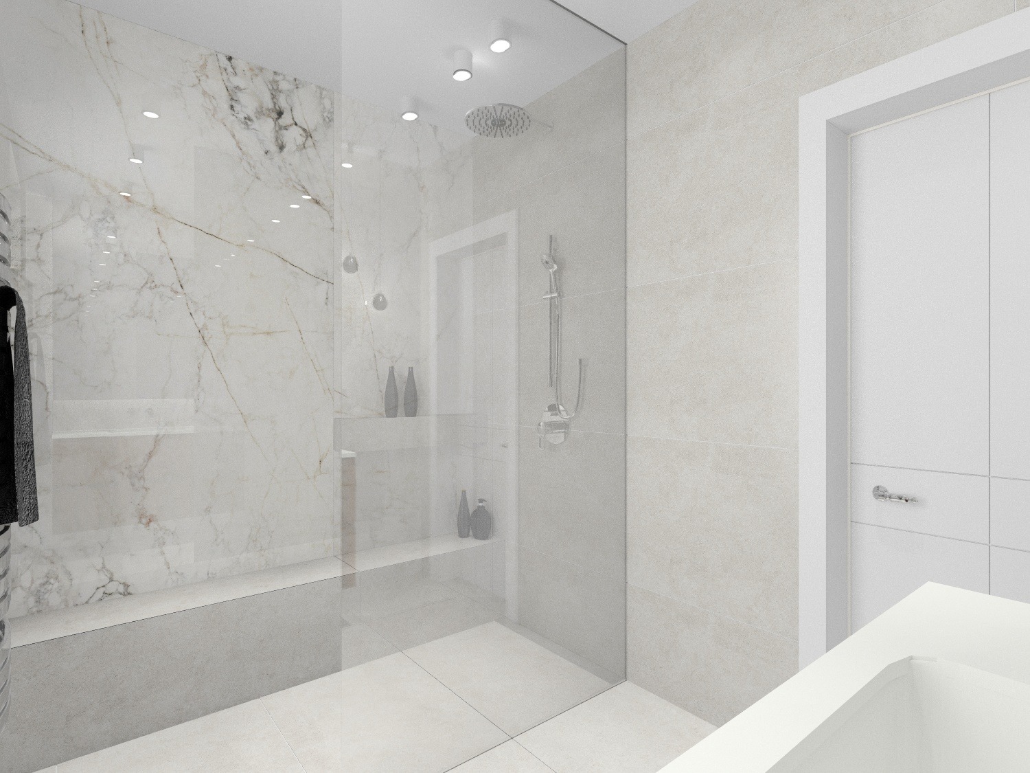 Wizualizacja nowoczesnej łazienki z kabiną prysznicową typu walk-in, wykończoną płytami imitującymi marmur, z minimalistyczną armaturą i oświetleniem punktowym.