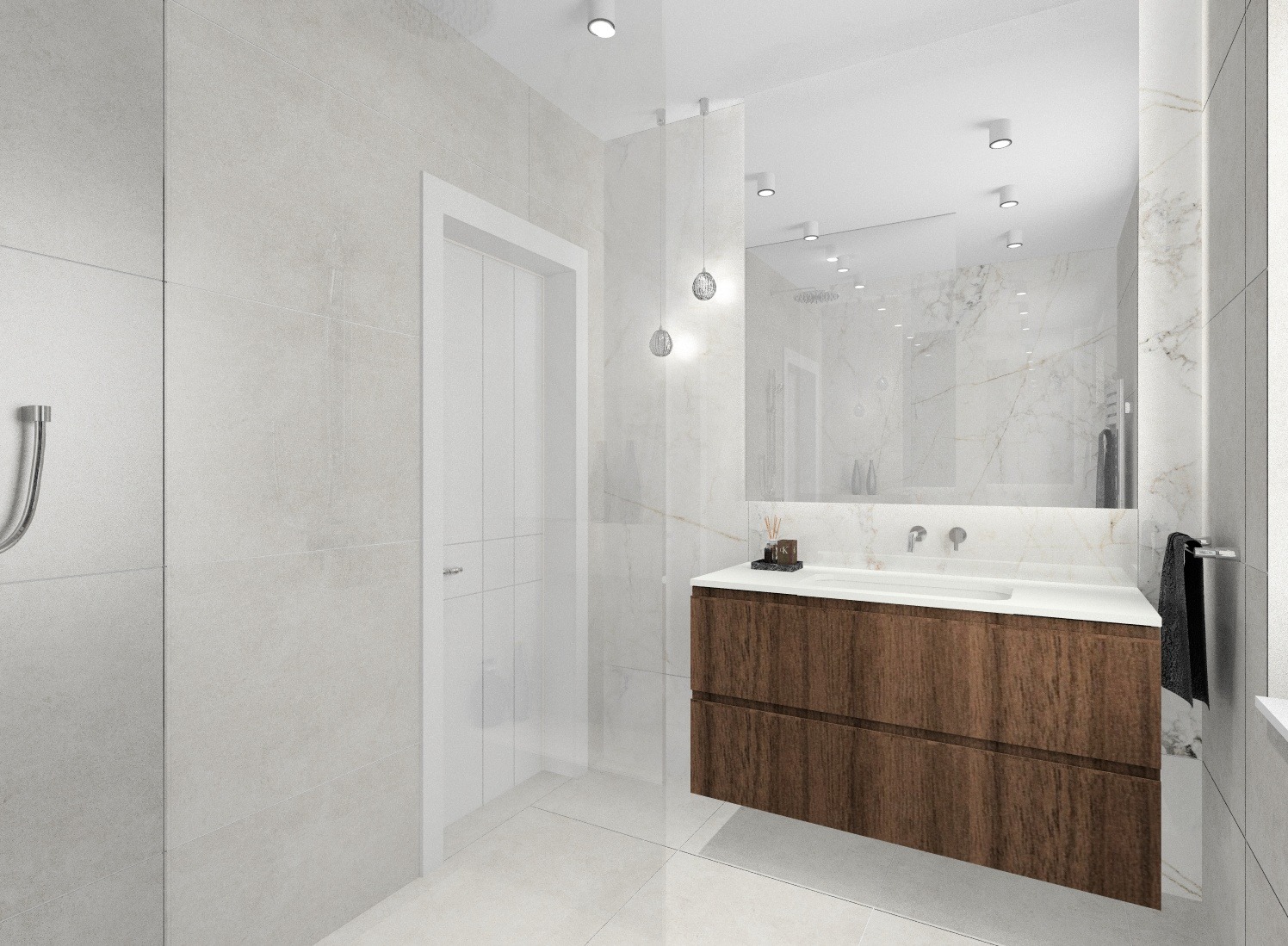 Wizualizacja łazienki z drewnianą szafką pod umywalką, marmurowymi ścianami i podświetlanym lustrem, akcentowana przez wiszące lampy kuliste.