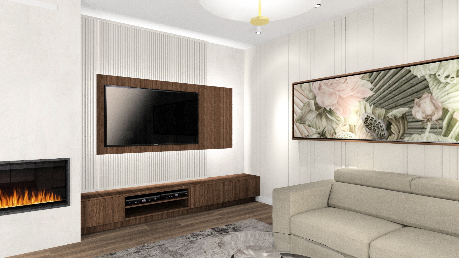 Nowoczesny salon z kominkiem, telewizorem w obudowie z drewna i beżową sofą, oświetlony lampą sufitową. Na ścianie obraz z motywami kwiatowymi.
