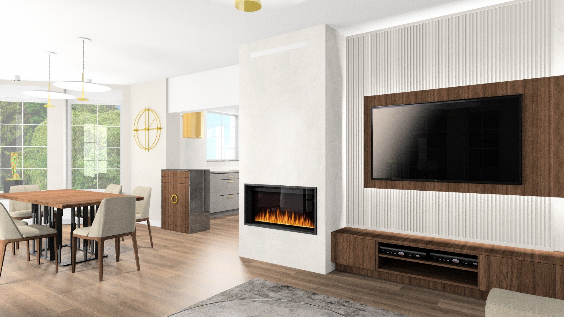 Wizualizacja nowoczesnego salonu z jadalnią i kominkiem elektrycznym, drewniany stół z krzesłami, telewizor na ścianie z lamelami, szara kuchnia w tle.