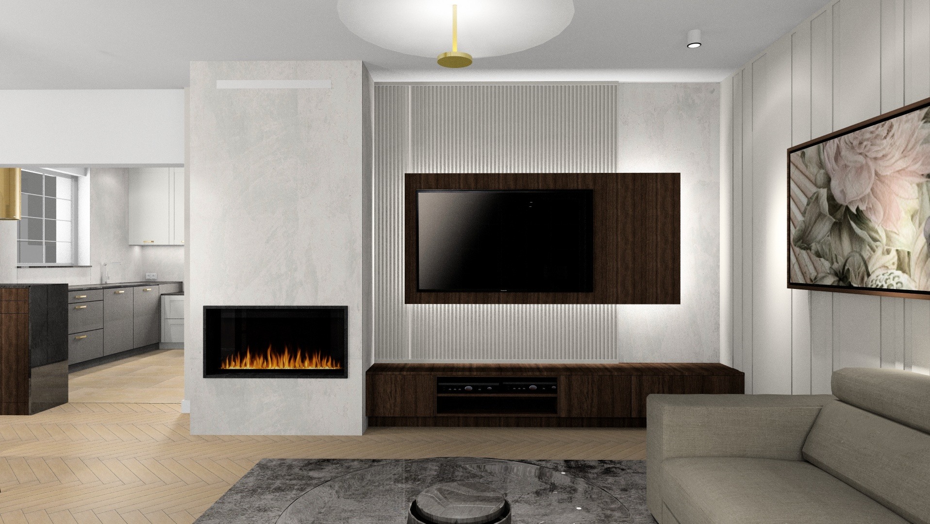Wizualizacja salonu z kominkiem elektrycznym, telewizorem na ścianie z panelami dekoracyjnymi, szarym narożnikiem i widokiem na kuchnię w tle.